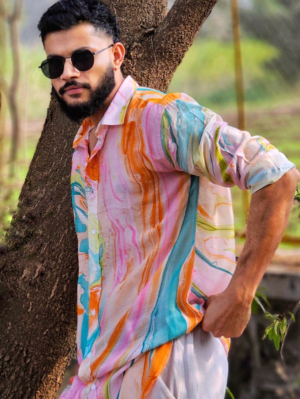 The Nebula Wolf | Handmade Marble Silk Shirt
